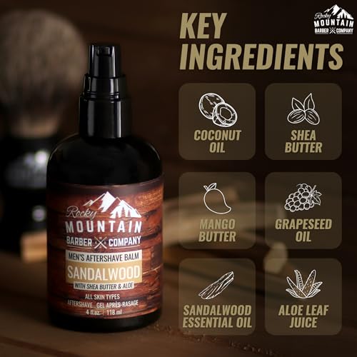 Rocky Mountain Barber Company Sandalwood Aftershave Balm for Men, 4 oz | Made with Sandalwood Essential Oil, Coconut Oil and Shea Butter