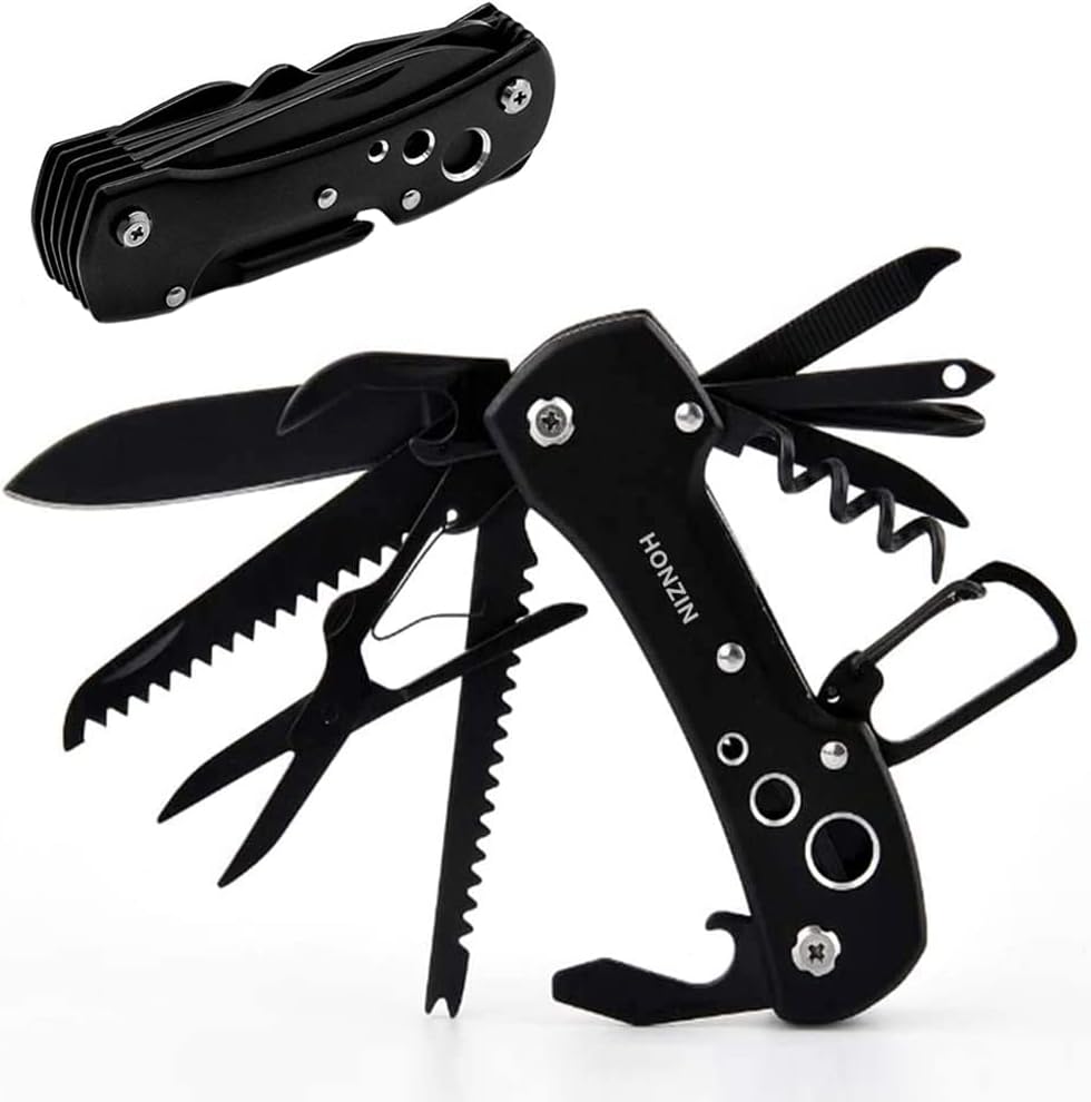 Swiss Small Pocket Knife, 15-in-1 Multitool for Camping, Hiking & EDC | Includes Bottle Opener, Saw