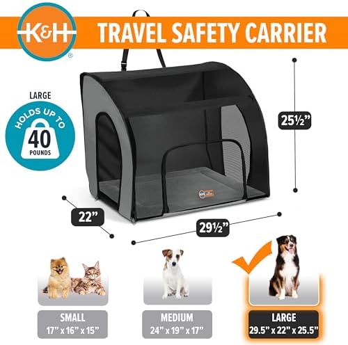 K&H Dog Car Seat, Travel Safety Carrier for Pets, Medium, Gray/Black | Enclosed Car Seat for Dogs, Soft-Sided Covered Pet Carrier, Washable Pad, Multiple Entrances, Mesh Windows, 24x19x17in