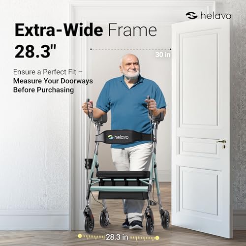 Helavo 28.3" Extra Wide Bariatric Upright Walker, 500 lbs Capacity | All Terrain Tall Standing Rollator, Padded Armrests, Height Adjustable