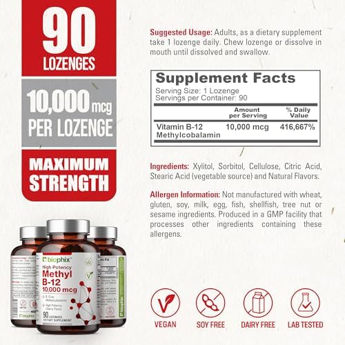 biophix Methyl B-12 10000 mcg 90 Vegan Lozenges Cherry Flavor Extra Strength - Supports Nervous System Immune Health Blood Flow Metabolism Brain