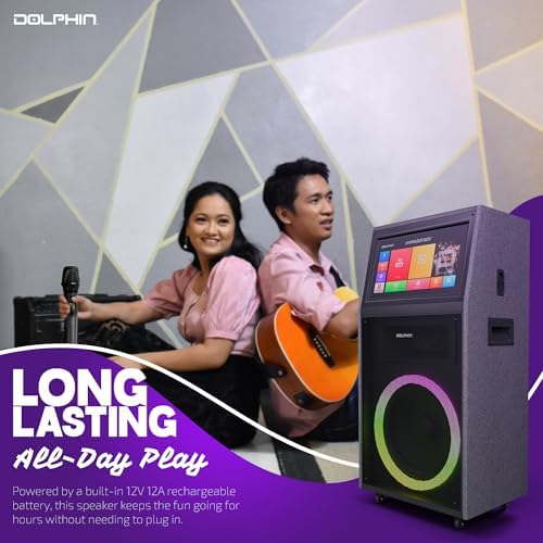 Dolphin Karaoke Machine with 2 Wireless Microphones, 18" Woofer | 18.5" Touchscreen, Android 12, Bluetooth, HDMI, USB, TF, AUX & FM Inputs