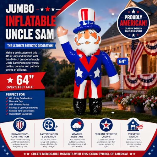 Fun Express 64" Jumbo Blow Up Uncle Sam Inflatable – 5+ Foot Patriotic 4th of July Decorations Outdoor Yard Decor | Heavy Duty Patriotic for