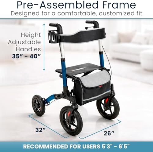 Vive All-Terrain Rollator Walker with 12” Pneumatic Wheels - Padded Seat | Backrest
