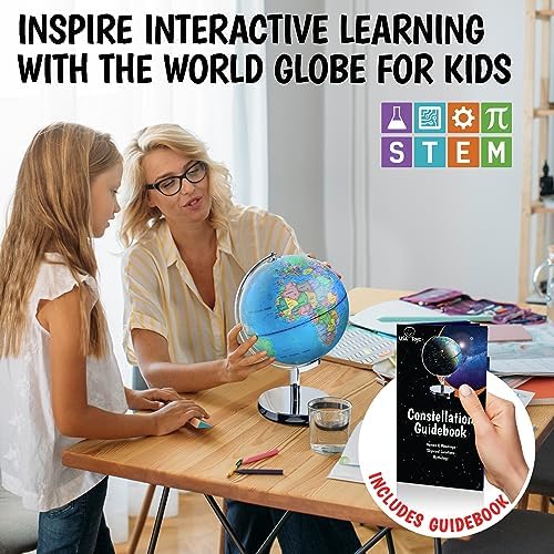 USA Toyz Illuminated World Globe with Stand - 3in1 STEM Globes for Adults and Kids, Constellation Map, Built-In LED Night Light Lamp, Easy to Read Texts, Non-Tip Base, 13.5 Inch Tall, 9 Inch Diameter
