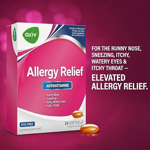 AXIV Allergy Relief Softgels, Antihistamine Medicine & Cold Symptom Relief, Dye-Free Liquid Gels, 25 mg Diphenhydramine HCl, Runny Nose, Sneezing, 24 Count (24 Softgels)