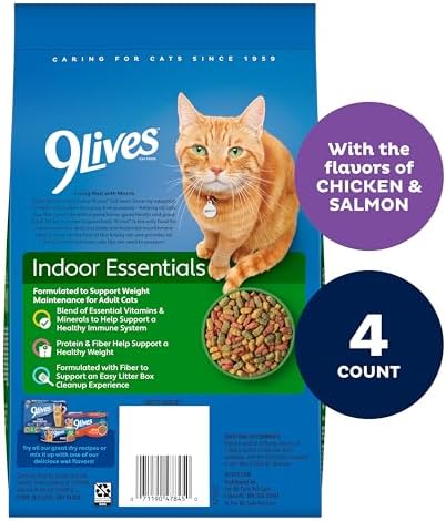 9Lives Indoor Essentials Dry Cat Food with Chicken & Salmon, 12 lb. Bag | 100% Complete & Balanced Nutrition For Indoor Adult Cats With Lean Protein & Fiber To Help Support A Healthy Weight