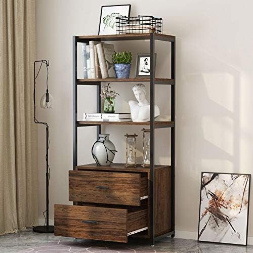 Tribesigns 4-Tier Bookcase Bookshelf with 2 Drawers (Rustic)