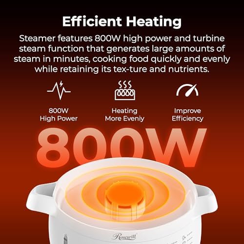 Rosewill Electric Food Steamer with 3 Tiers BPA-Free Stackable, Dishwasher Safe Baskets, 800W with fast steam heating within 40s