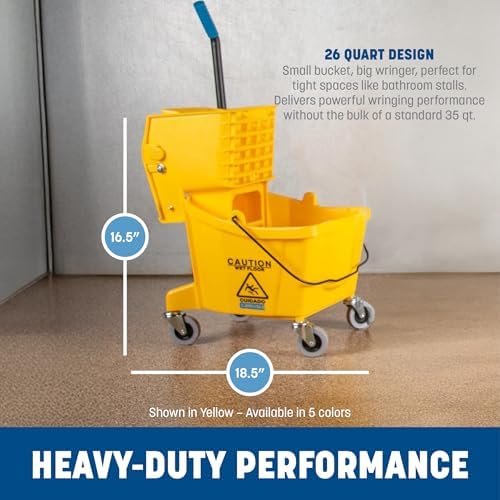 Carlisle FoodService Products 26 Qt Mop Bucket with Side Wringer, Yellow | 18.5 x 16.5 x 16.5 Inches, 34.25-Inch Handle Height, 50,000-Cycle Wringer, Non-Marking Casters, Assembly Required