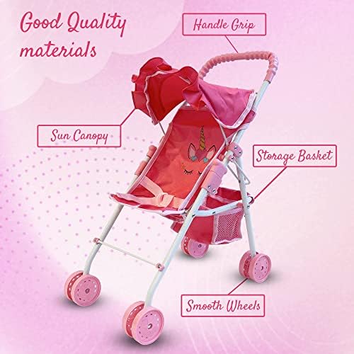 The New York Doll Collection My First Doll Stroller with Basket & Heart Design Foldable Doll Stroller, Pink