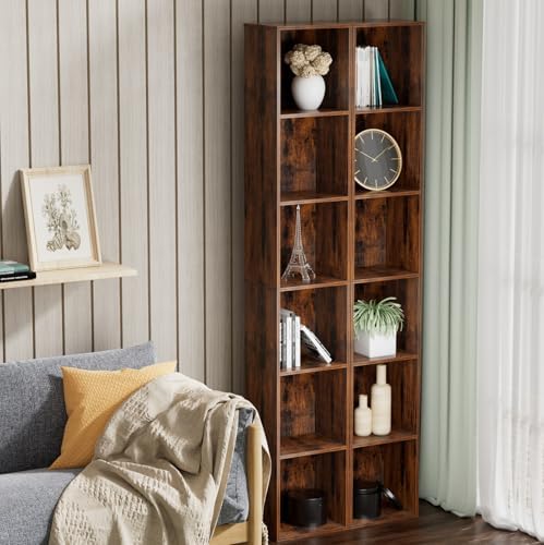 6-Tier Tall Narrow Bookshelf, 70.5" Skinny Thin Bookcase, Brown | Corner Shelf Slim Storage Cabinet