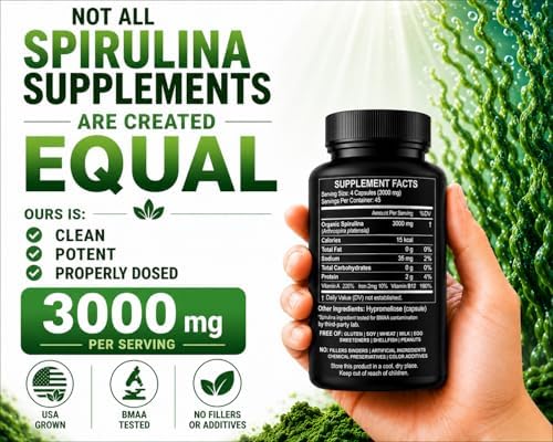 Spirulina Powder Capsules 3000 mg - Purest Non-Irradiated Blue Green Algae - Best Raw Vegan Protein - Green Superfood - Natural Multivitamins –