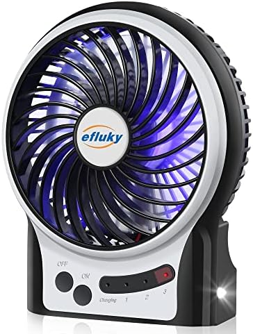 efluky 4.9-Inch Mini Desk Fan - 3 Speeds, Rechargeable Battery/USB Powered with LED Light, Quiet Portable Fan for Home, Office, Travel, Camping (Black)