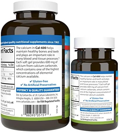 Carlson Cal-600, 600 mg, Calcium, Liquid Filled, 100 + 30 Softgels | Bone Support; Healthy Teeth; Optimal Wellness