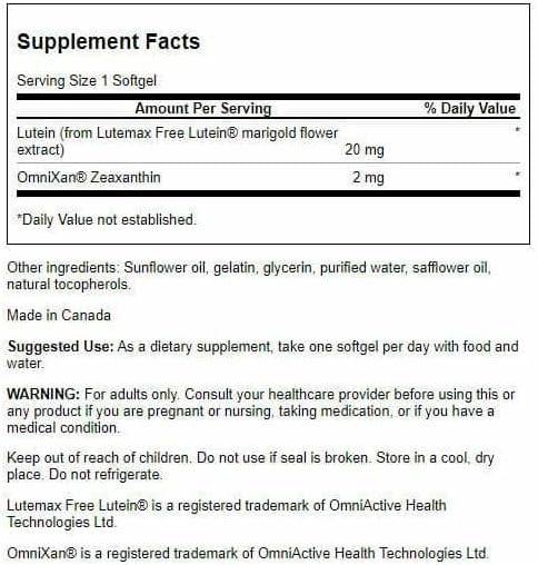 Swanson Synergistic Eye Health, Lutein 20 mg Zeaxanthin 2 mg, 60 Softgels | Synergistic Eye Health with Lutein 20 mg and OmniXan Zeaxanthin 2 mg to Protect the Retina and Macula from Blue Light