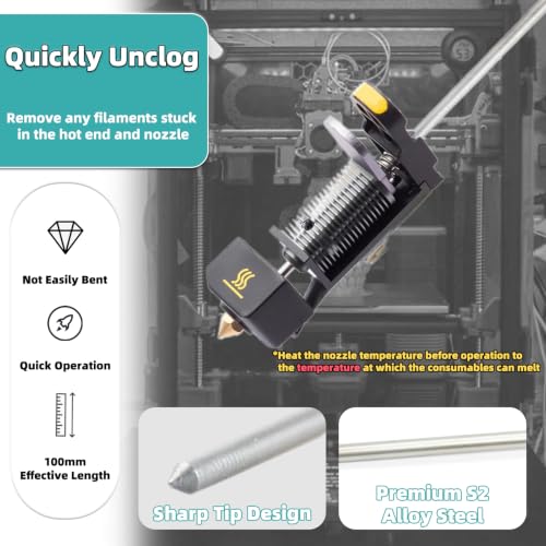 Clog Poke 3D Printer Accessories, Φ1.7mm L200mm Cleaning Needle Tool | S2 Alloy Steel, for Any 1.75mm Nozzles, 3D Printer Nozzle Cleaning Kit