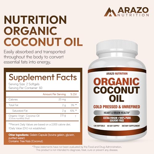 Arazo Nutrition Organic Coconut Oil 2000 MG Per Serving - 100% Extra Virgin Unrefined Cold Pressed for Weight Support, Skin, Hair, Nails - 120 Softgel Capsules