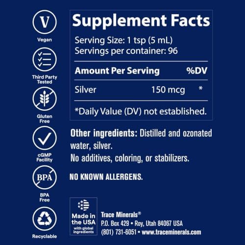 Trace Minerals Colloidal Silver Liquid Supplement, 16 oz | 30 PPM bio-active hydrosol, 99% pure silver, no additives or preservatives, distilled water base, super-oxygenated