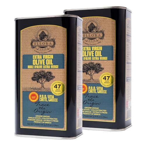 Ellora Farms Olive Oil Extra Virgin, Traceable & Certified PDO Polyphenol Rich Extra Virgin Olive Oil Cold Pressed, Global Gold Awards, Kosher, Single Origin from Crete, Greece 33.8 Fl oz, Pack of 2