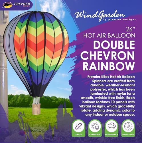 Hot Air Balloon Hanging Garden Spinner 26" - Vibrant Double Rainbow Chevron Design, Weather-Resistant Outdoor Decor, Durable & Lightweight for Patios