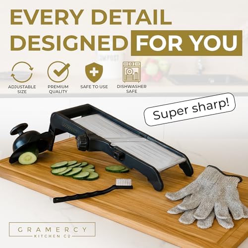Gramercy Adjustable Mandoline Food Slicer, Mandoline Slicer for Kitchen, Mandolin, Potato, Tomato, Carrot, Vegetable, Fruit and Onion Cutter, Stainless Steel, INCLUDING Cut-Resistant Gloves, Black PRO