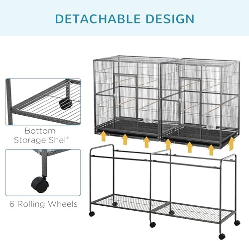 PawHut 65" Double Rolling Metal Bird Cage with Divider, Large Parrot Cage for Parakeet, Canaries, Lovebirds, Budgie, Finch