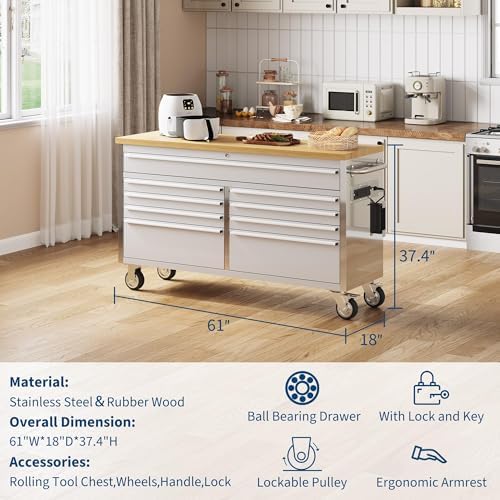 72" Heavy-Duty Rolling Tool Chest & Workbench with 15 Drawers, Steel Rubber Wood Top on Wheels, Key Locking System, Drawer Liners for Garage Warehouse Repair Shop, Black Storage Cabinet.