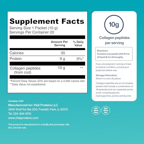 Vital Proteins Marine Collagen, Unflavored Stick Packs, 20 Count | Marine Collagen Peptides, Supports Hair Skin Nails & Joints, 10g Per Packet, Travel-Friendly Stick Packs, 20 Servings