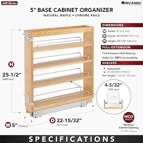 Rev-A-Shelf Pullout Kitchen Cabinet Organizer, Min Cabinet Opening 8.5" W | 8" W Slide Out Pantry Spice or Utensil Storage Rack with Adjustable Shelves for Base Cabinet Organization, 448-BC-8C