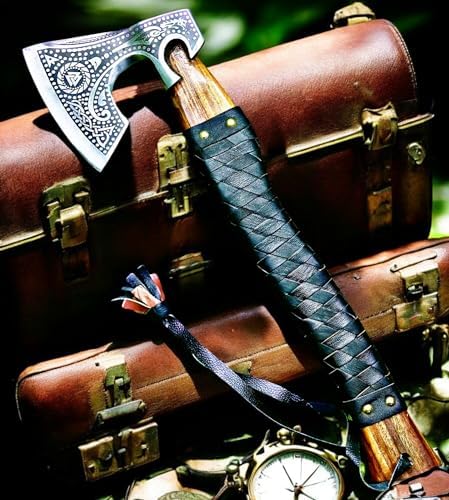 Poshland AX-7000 Custom Gift Forged Carbon Steel Viking Axe with Rose Wood Shaft, Viking Bearded Camping Axe