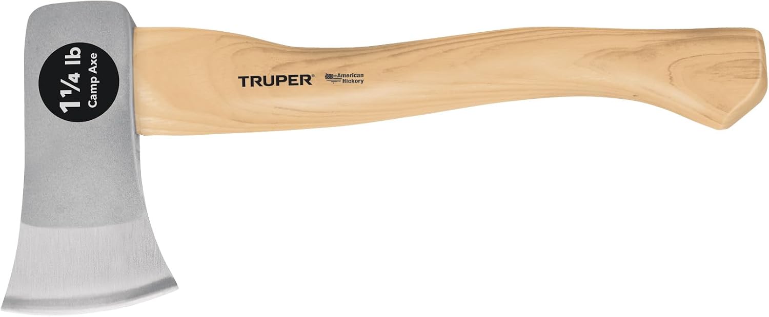 Truper 1.25 lb Camp Axe, 14-Inch American Hickory Wood Handle, Forged Steel Head, Compact Hatchet for Camping
