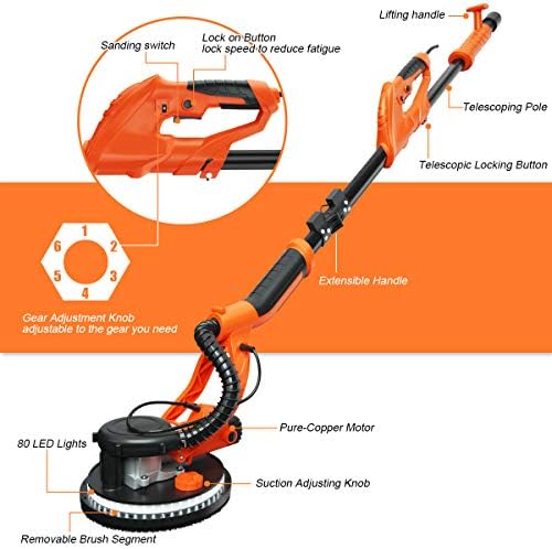 Goplus 750W Drywall Sander, Electric Foldable Sander Machine w/Dust-Free Automatic Vacuum System, 6 Variable Speed 800-1750 RPM
