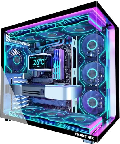 MUSETEX Y6 PC Case, Pre-Installed 7 Infinity Mirror PWM ARGB Fans, ATX Mid Tower Computer Case, Gaming PC Case with Type-C, 270° Full View Tempered Glass, Black