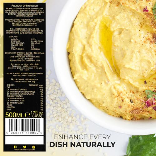 Morocco Gold New Harvest Olive Oil Extra Virgin - Polyphenol Rich 606mg/kg - Cold Pressed Olive Oil - Pure & 100% Natural with up to 4 Years Shelf-life - Fresh Harvest EVOO - (500ml (Pack of 1))