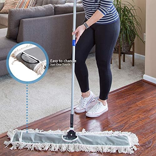 24" Industrial Cotton Floor Dust Mop with adjustable Steel Handle - Commercial Mops for Hardwood, Tiles, Laminate, Vinyl, Garage epoxy, Bamboo surface cleaning and Flooring Push Dust Broom