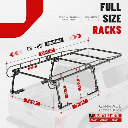 ECOTRIC 1000 LBS Adjustable 58"-69" Universal Truck Bed Rack Contractor Ladder Pickup Lumber Utility Kayak Full Size Rack 60"(W) x 138"(L) x 34"(H)