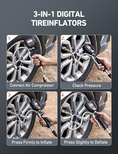 AstroAI Digital Tire Pressure Gauge, Heavy Duty Tire Inflator Gauge 250PSI Air Chuck Compressor Accessories with Stainless Braided Hose