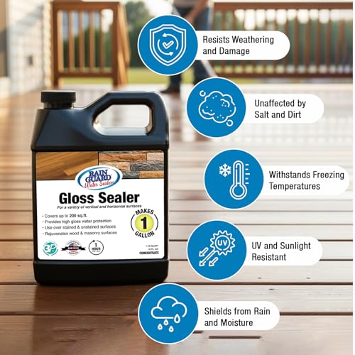 Rainguard Clear Gloss Sealer, Wet Look Water Based Silicone Acrylic Waterproofer for Concrete, Wood, Brick, Stone & Masonry Surfaces, Ready to Use, 1 Gallon | Water Based Silicone Acrylic For Wood, Brick, Stone & Masonry Surfaces, Ready To Use For Pavers…