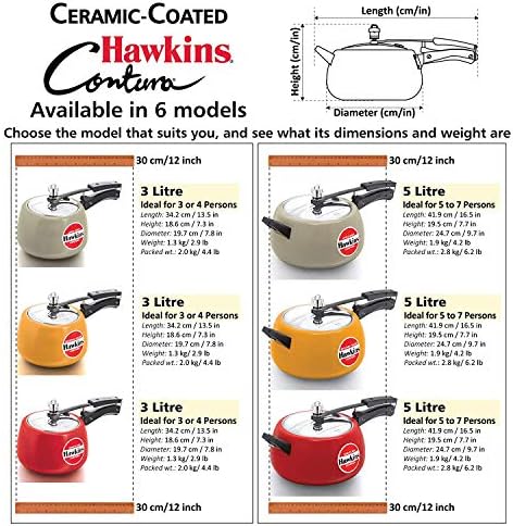 Hawkins 5 Litre Contura Pressure Cooker, Ceramic Coated Handi Inner Lid Cooker, Tomato Red (CTR50)
