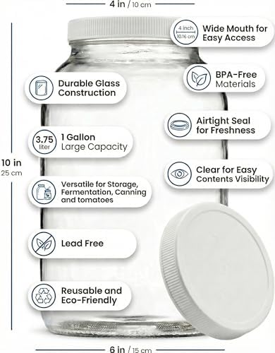 Sally's Organics Large 1 Gallon Glass Jars with Lids - Made in the USA - Wide Mouth BPA-Free Lid, Chalk Labels – Sun Tea, Fermenting, Kombucha