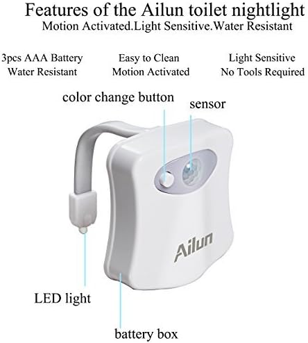 Ailun Toilet Night Light Motion Sensor LED 8 Colors Changing, 2 Pack | Motion Sensor Activated, Toilet Bowl Illuminate, Battery Not Included