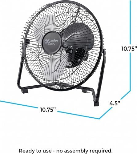 Comfort Zone 9 inch Cradle Fan, 3 Speed Floor or Table Fan with180 Degree Tilt, Metal Construction and Aluminum Blades, Carry Handle, Rubber Feet, Ideal for Bedroom, Workshop, or Garage, Black