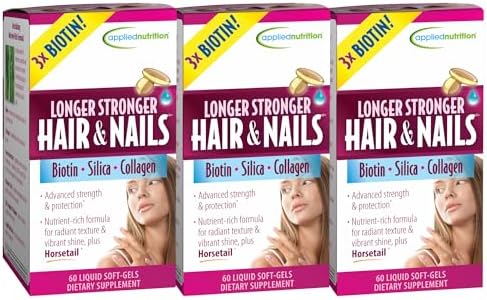 Applied Nutrition Longer Stronger Hair & Nails - 60 Liquid Soft-Gels, Pack of 6 - Biotin, Silica & Collagen - 180 Servings | Biotin | Silica & Collagen | Hair & Nail Support | 6 X 60 Softgels