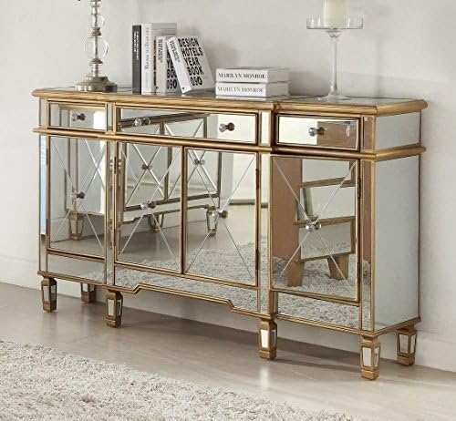 60 Inch Gold Wood Frame Mirrored Panels Andrea Storage Sideboard Buffet Cabinet for Living Room