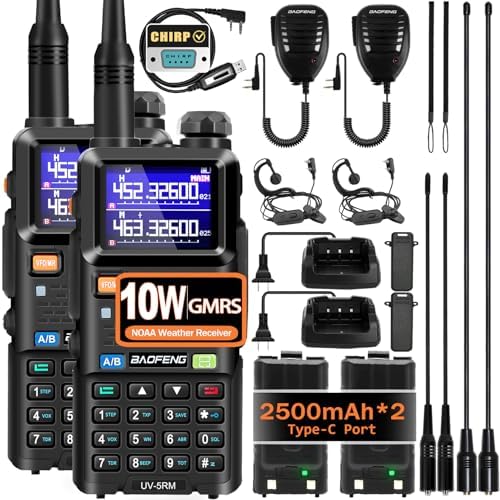 BAOFENG UV-5RM 10W Handheld Ham Radio Long-Range Portable 2 Way Radio 2Pack | Speaker Mic, Type-C Charging, Programming Cable, Earpiece, Long Antenna