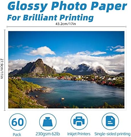 Uinkit 11 x 17 Thick Photo Paper Glossy 11x17 60Sheets 62lb Inkjet Heavyweight 230gsm Gallery show Brochure Pictures Funeral Bulletin Obituary