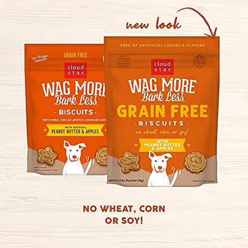 Cloud Star Wag More Bark Less - Dog Treats - Crunchy Biscuits - Grain Free Peanut Butter & Apples - 2.5 lb Pouch
