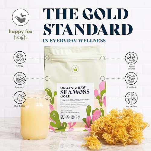 HAPPY FOX Organic Sea Moss Raw Gold - Makes 75oz of Seamoss Gel Rich in Vitamins & Minerals, Certified Non-GMO, Wildcrafted, Sundried Superfood - 3.5 oz Bag