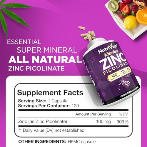 Nutrivein Zinc Picolinate 100 mg Supplement - 120 Capsules, High Absorption